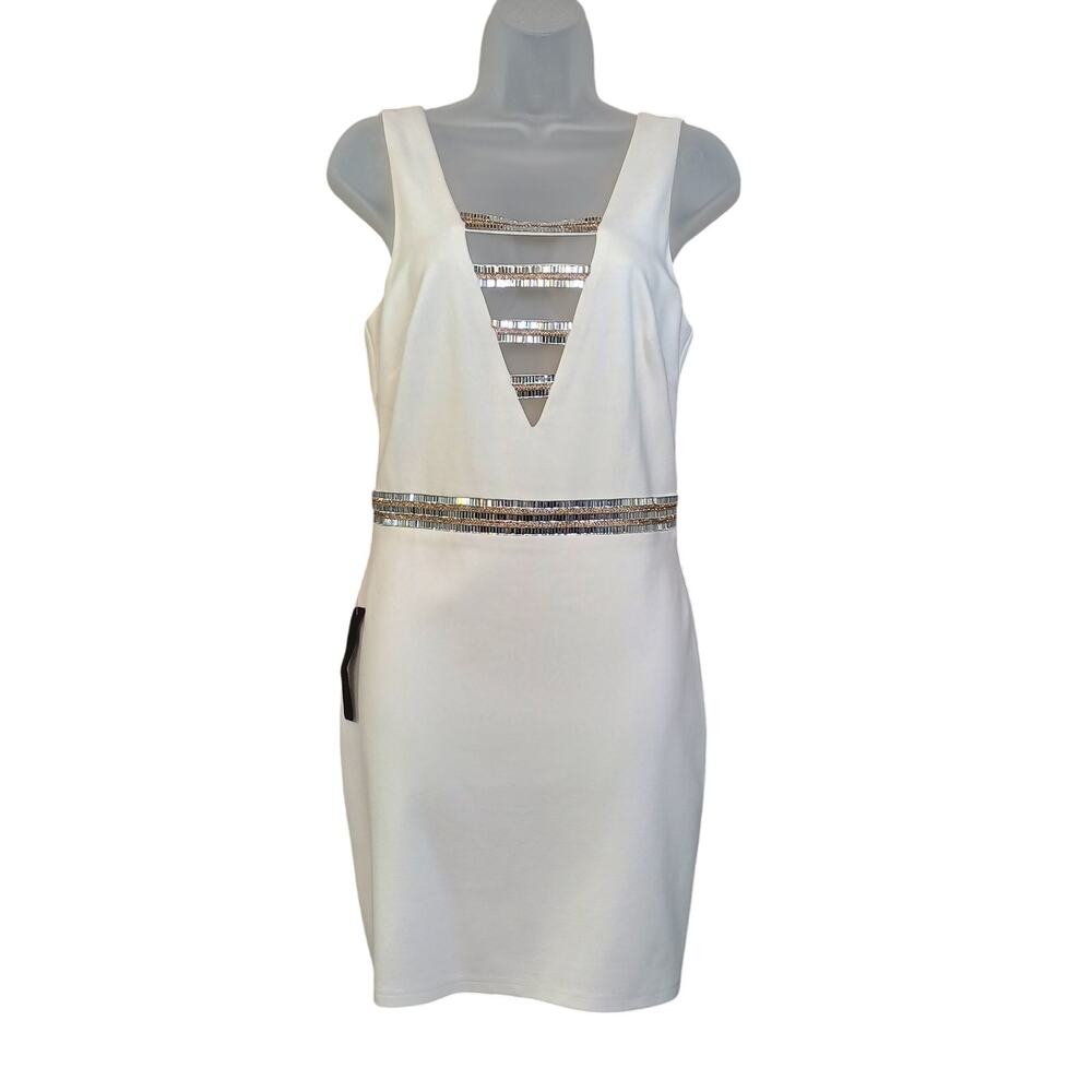 Bebe White Harlow Double V Embellished Dress NWT Small Bodycon Cocktail